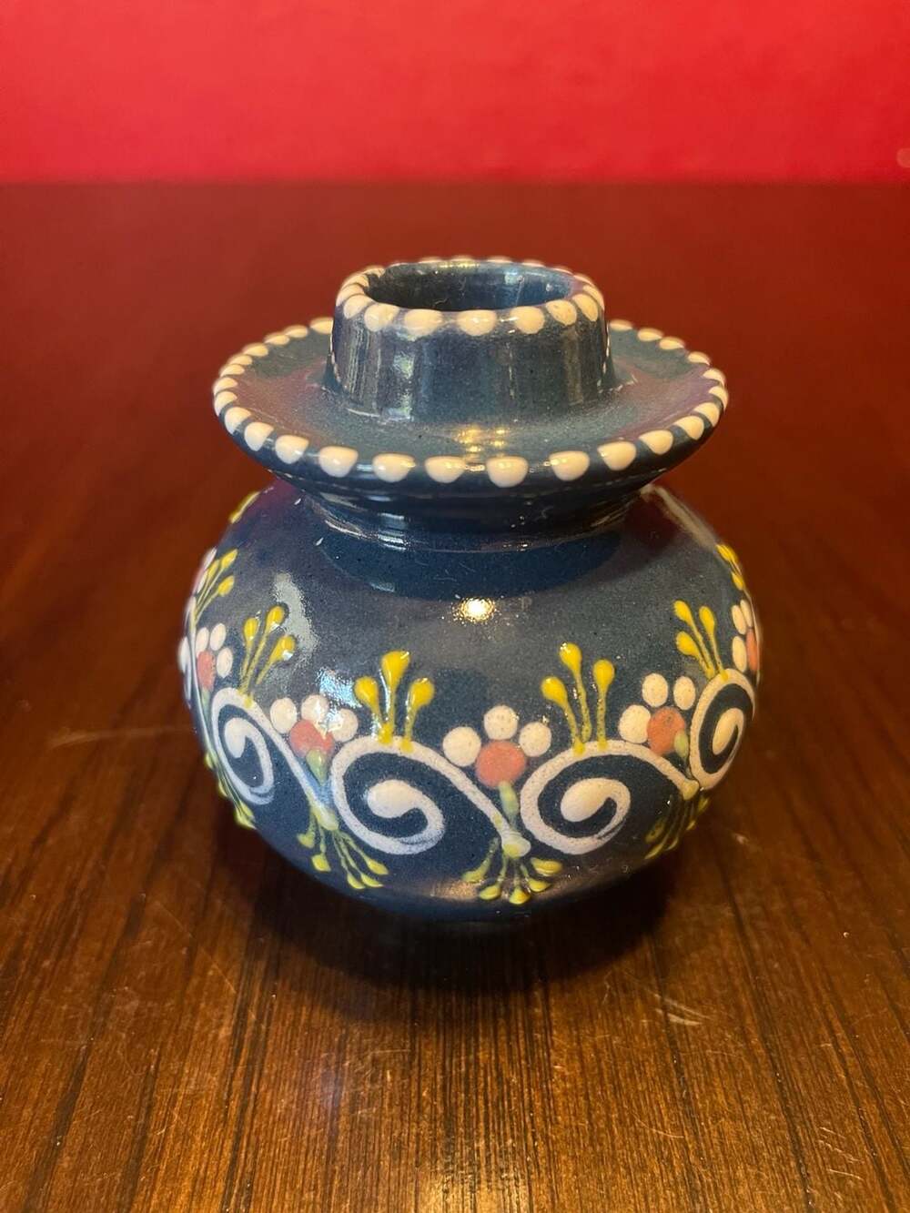 Gmundner Keramik Blue Hand Painted Ceramic Inkwell Pot/Candlestick holder